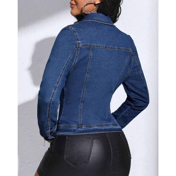 Women's Cropped Denim Jacket Lapel Button Down Long Sleeve Jean Jacket Dark Blue - Picture 5 of 6